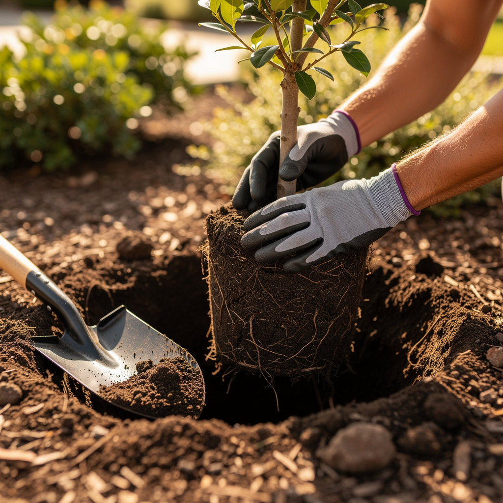 Natural Concept Tree Care expert planting a young tree in a Santa Barbara residential landscape